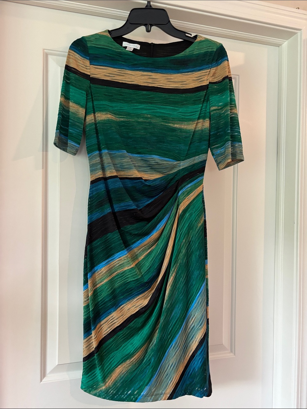 London Times Green Striped Draped Dress